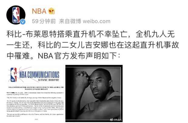 哀恸！NBA巨星科比去世 年仅41岁