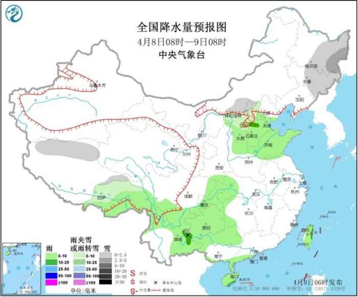 图1 全国降水量预报图(4月8日08时-9日08时)