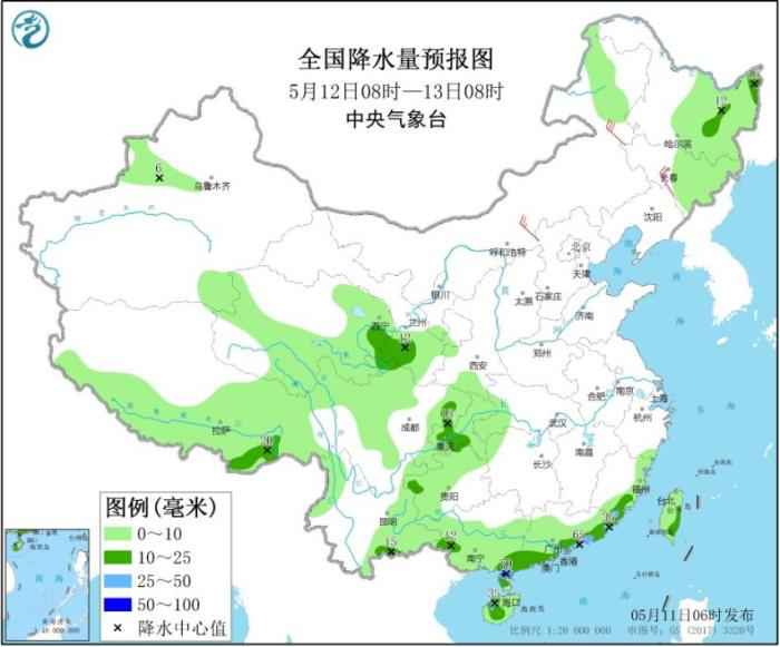 全国降水量预报图(5月12日08时-13日08时)