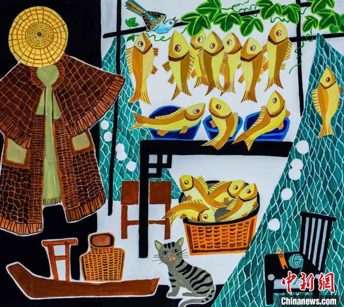 何萍青所画的《渔家小院》。受访者提供