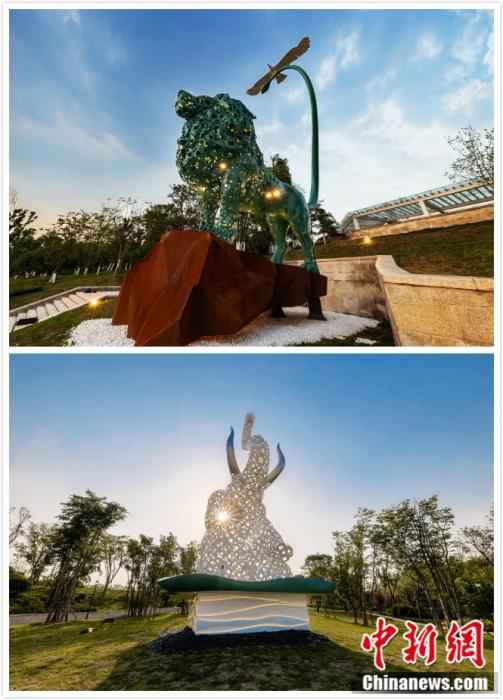 图为傅榆翔创作的《青狮白象》雕塑。 颜波 摄