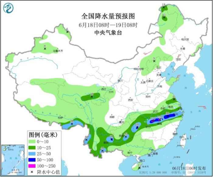 全国降水量预报图(6月18日8时-19日8时)