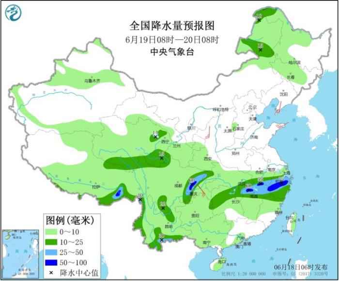 全国降水量预报图(6月19日8时-20日8时)