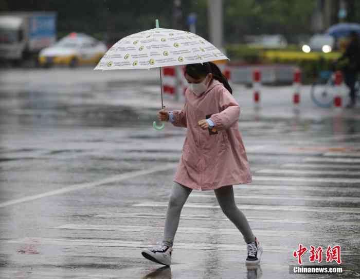 资料图：市民冒雨出行。 于海洋 摄