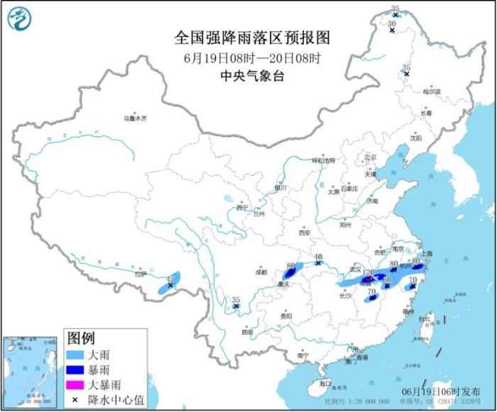 全国强降雨落区预报图(6月19日8时-20日8时)