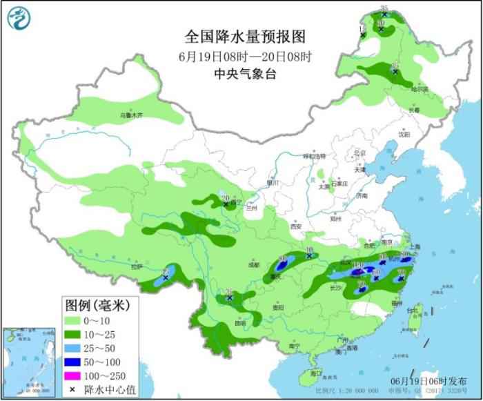 全国降水量预报图(6月19日8时-20日8时)