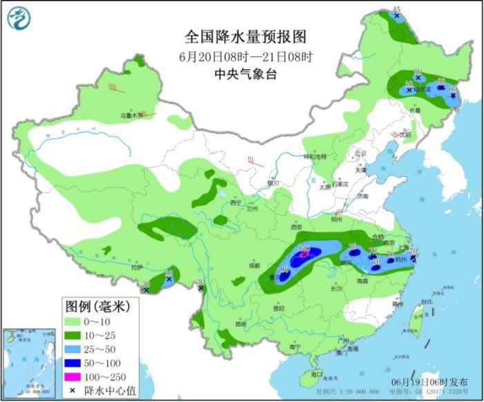 全国降水量预报图(6月20日8时-21日8时)