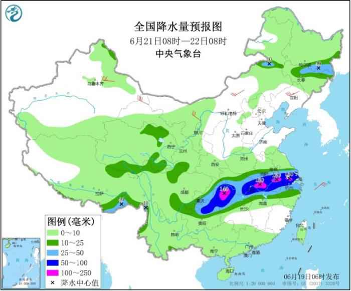 全国降水量预报图(6月21日8时-22日8时)