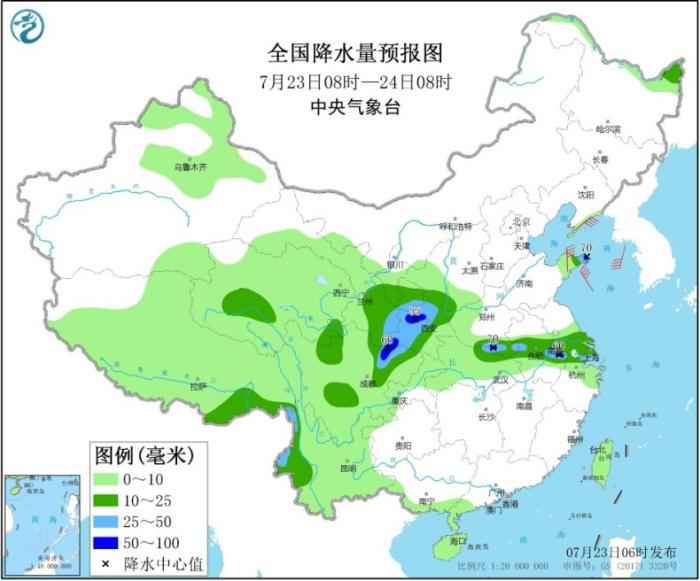 图1 全国降水量预报图(7月23日08时-24日08时)