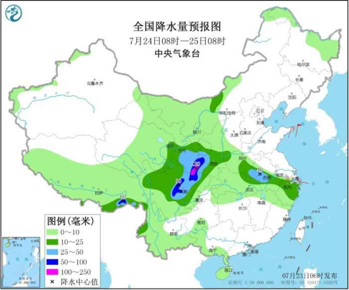 图2 全国降水量预报图(7月24日08时-25日08时)