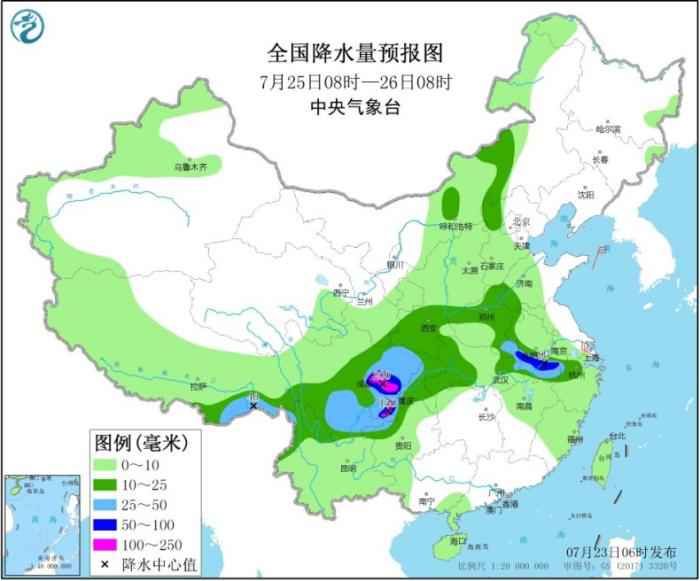 图3 全国降水量预报图(7月25日08时-26日08时)