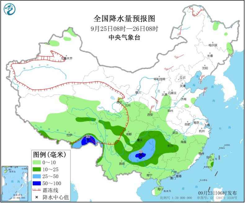 图3 全国降水量预报图(9月25日08时-26日08时)