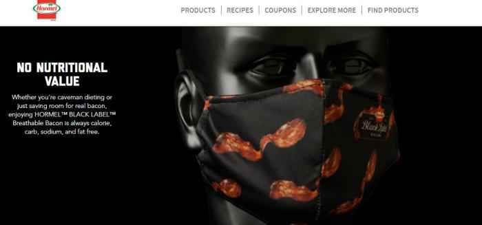 图为“可呼吸培根口罩”宣传图。图片来源：美国知名肉类公司荷美尔(Hormel)官网截图。