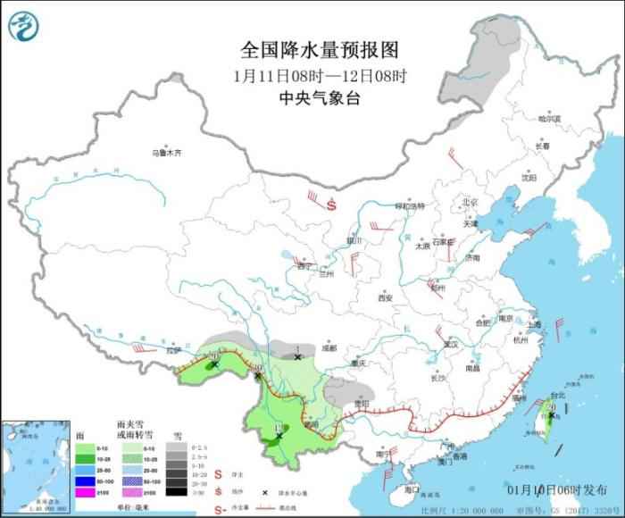 全国降水量预报图(1月11日08时-12日08时)