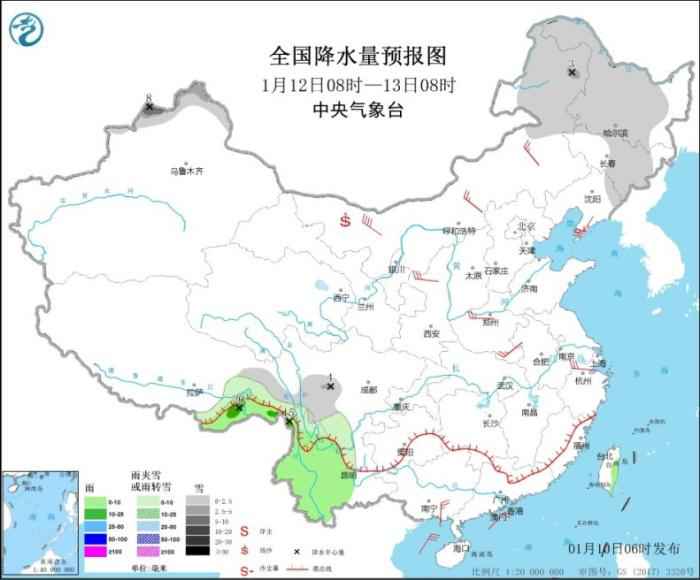 全国降水量预报图(1月12日08时-13日08时)