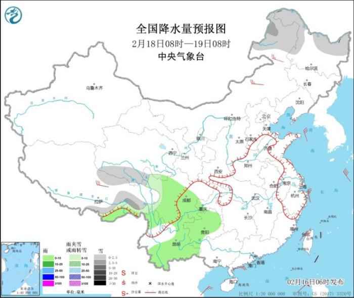 全国降水量预报图(2月18日08时-19日08时)