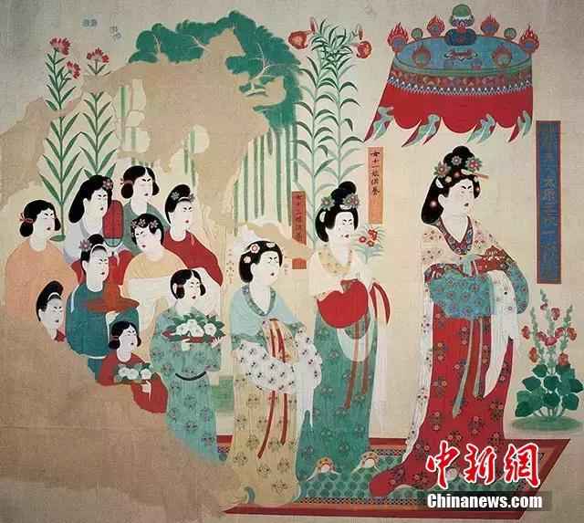 资料图：此前，敦煌研究院在“三八妇女节”之际，以“大唐女神范儿”为主题披露了莫高窟中关于女性题材的经典壁画，揭秘唐朝女子“群像”，反映女性在唐代具有相当的社会地位。图为莫高窟第130窟《盛唐的女供养人-段文杰临摹》。敦煌研究院供图