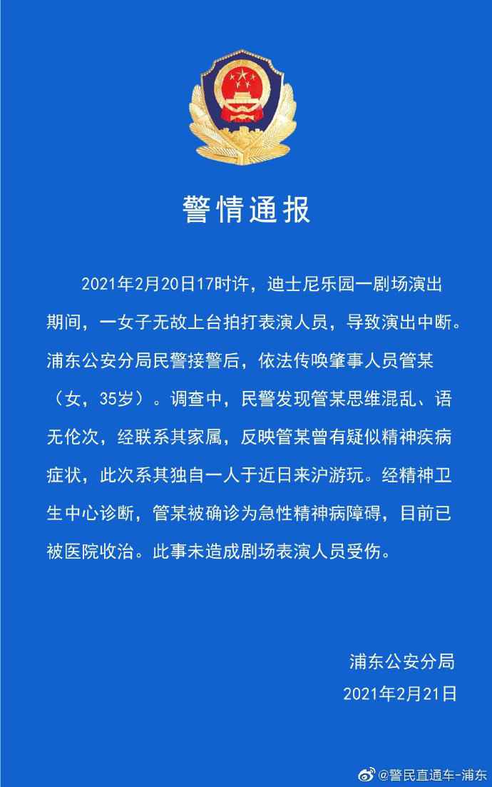  上海迪士尼游客拍打演员 警方：嫌疑人系精神病障碍