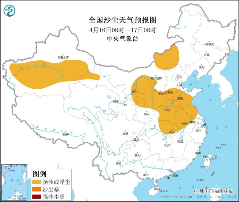 全国沙尘天气预报图(4月16日08时-17日08时) 图片来源：中央气象台网站