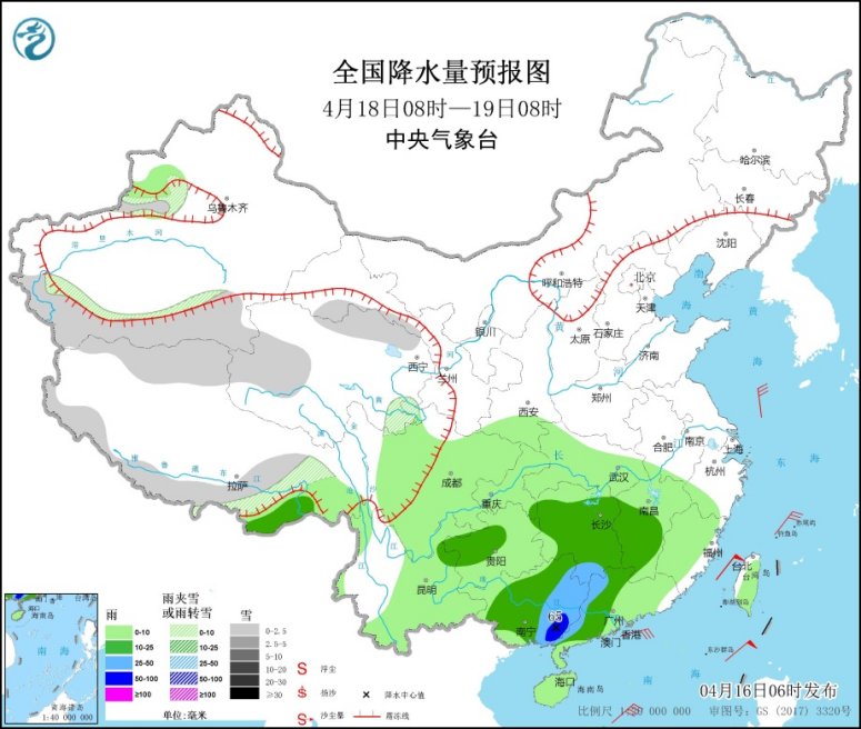 全国降水量预报图(4月18日08时-19日08时) 图片来源：中央气象台网站