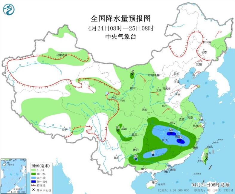 全国降水量预报图(4月24日8时-25日8时)