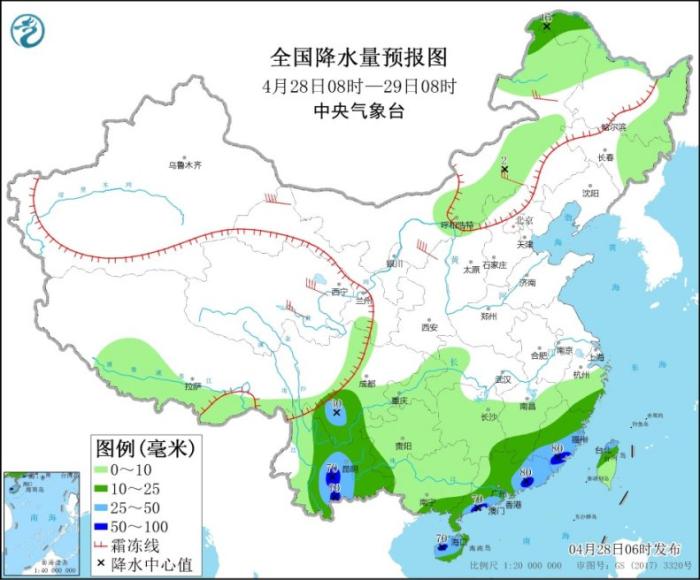 全国降水量预报图(4月28日08时-29日08时)