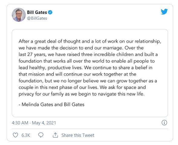 微软联合创始人比尔·盖茨与梅琳达宣布离婚