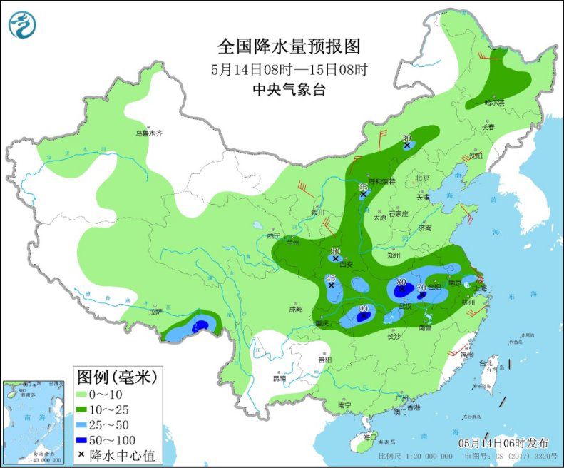 长江中下游至黄淮有较强降雨过程 局地将有雷暴大风