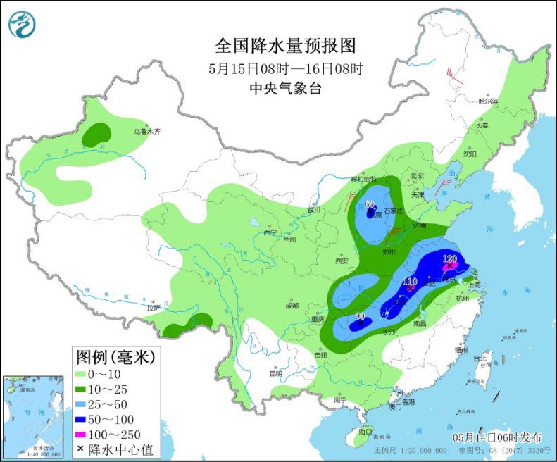 长江中下游至黄淮有较强降雨过程 局地将有雷暴大风