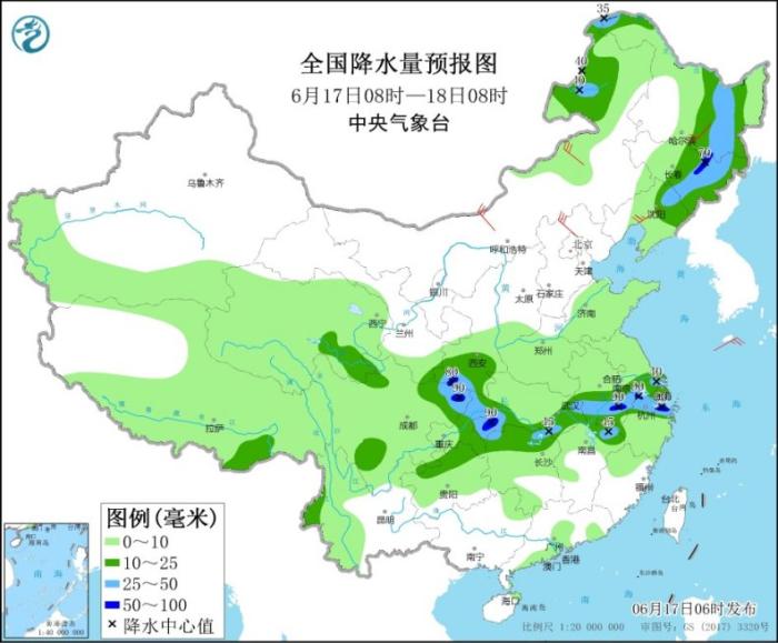 全国降水量预报图(6月17日8时-18日8时)