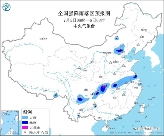 全国强降水落区预报图(7月5日08时-6日08时)