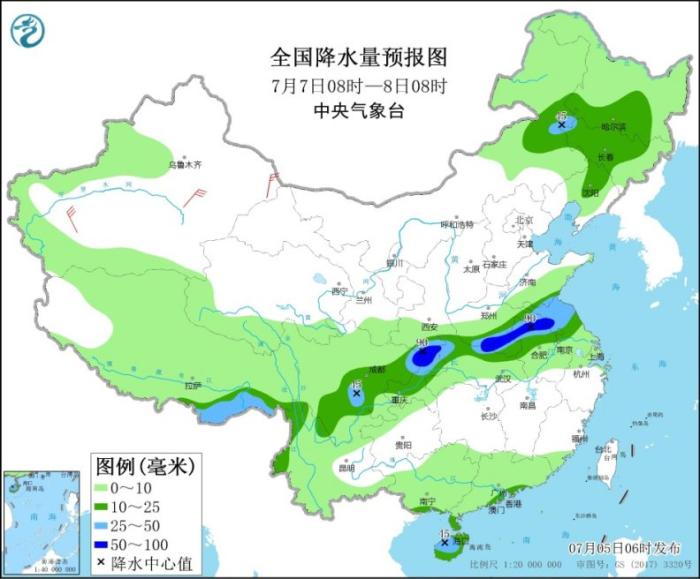 全国降水量预报图(7月7日08时-8日08时)