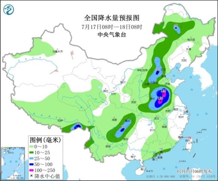 全国降水量预报图(7月17日8时-18日8时) 