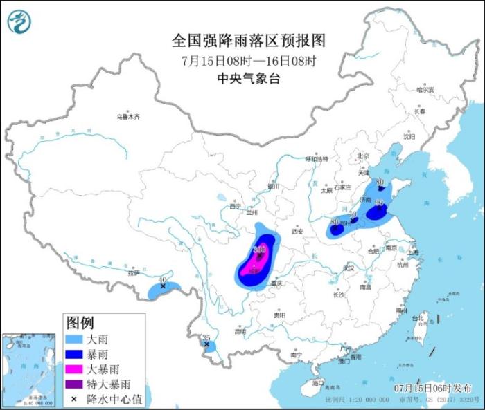 全国强降水落区预报图(7月15日8时-16日8时)