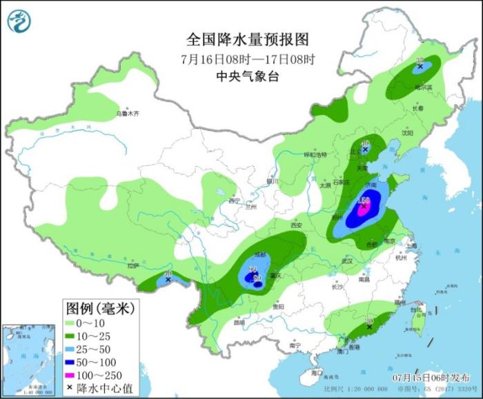 全国降水量预报图(7月16日8时-17日8时)