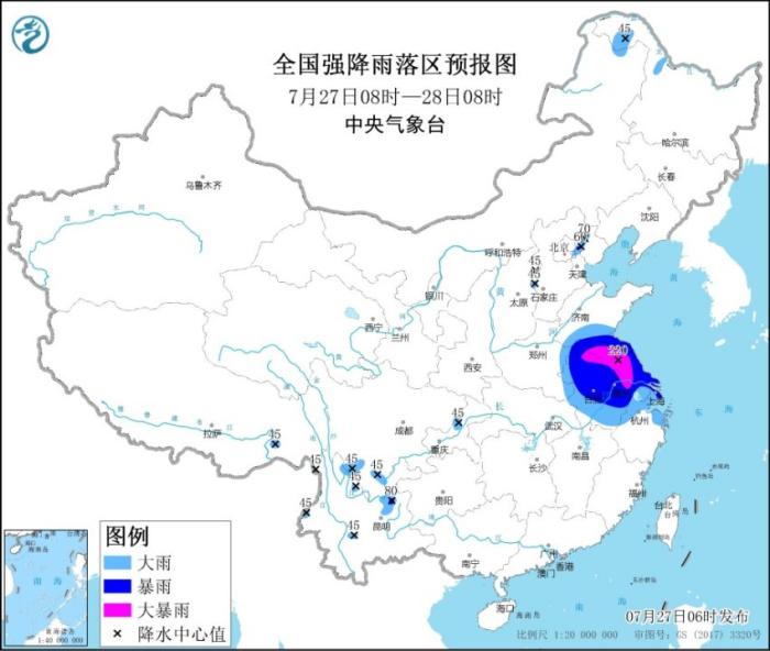 暴雨黄色预警：浙江、上海、江苏等地部分地区有大暴雨