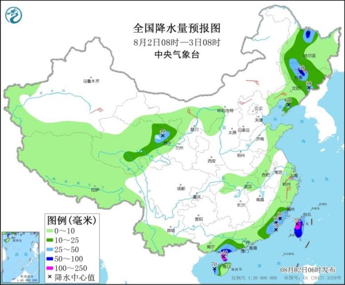 全国降水量预报图(8月2日08时-3日08时)