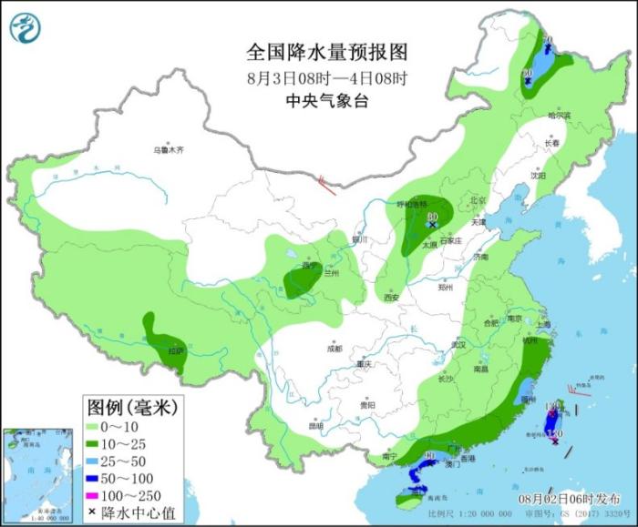 全国降水量预报图(8月3日08时-4日08时)