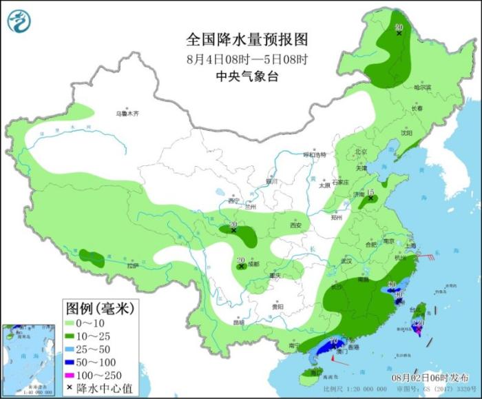 全国降水量预报图(8月4日08时-5日08时)