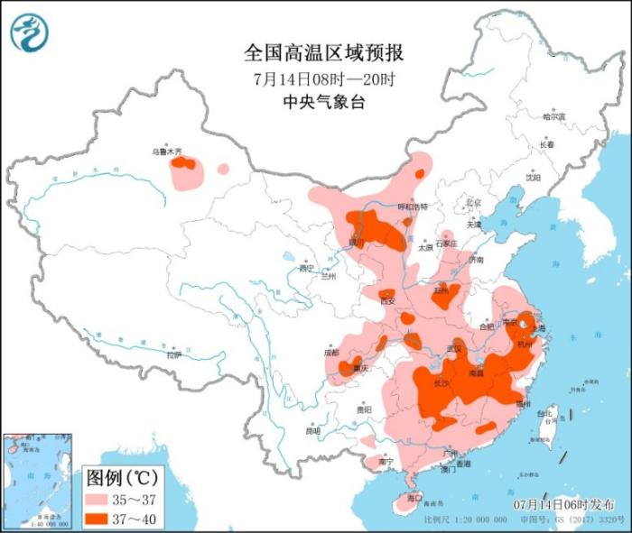 全国高温区域预报图(7月14日8时-20时)