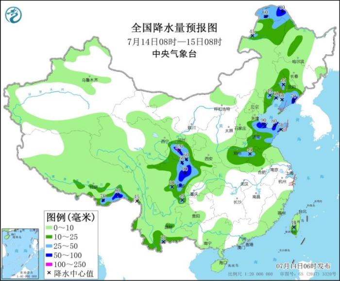 全国降水量预报图(7月14日8时-15日8时)