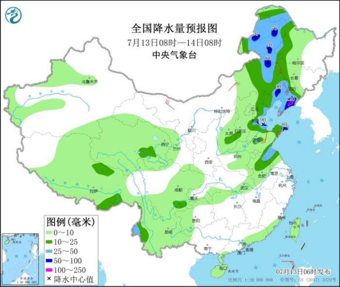 全国降水量预报图(7月13日8时-14日8时)