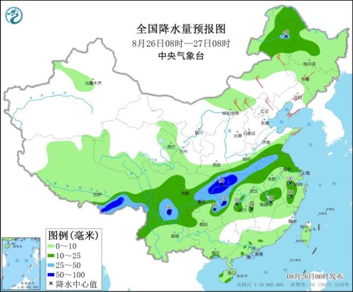 图1 全国降水量预报图(8月26日08时-27日08时)