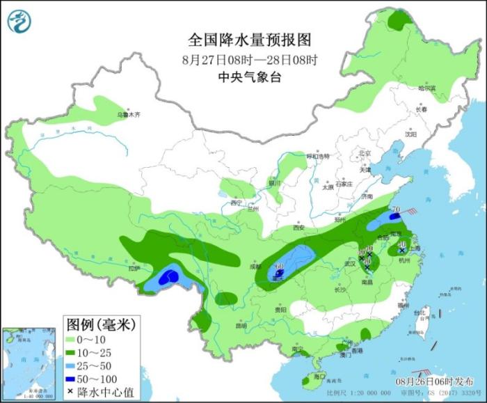 图2 全国降水量预报图(8月27日08时-28日08时)