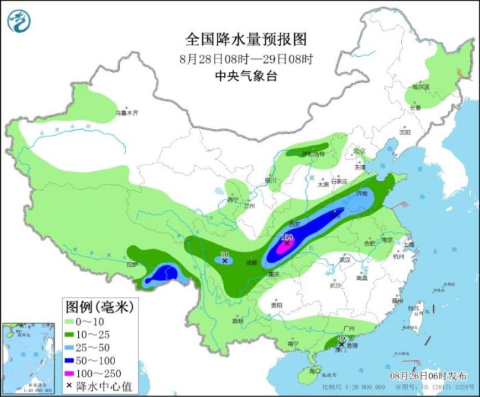 图3 全国降水量预报图(8月28日08时-29日08时)