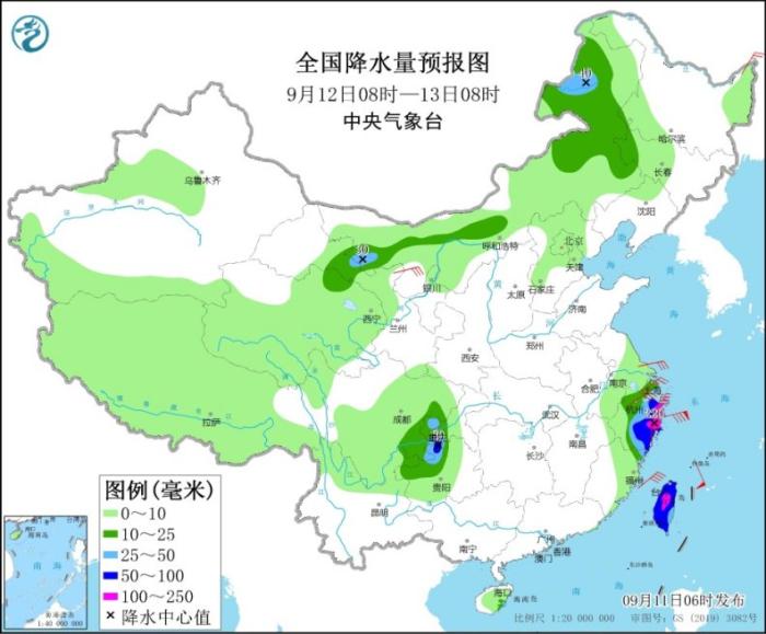 全国降水量预报图(9月12日8时-13日8时)