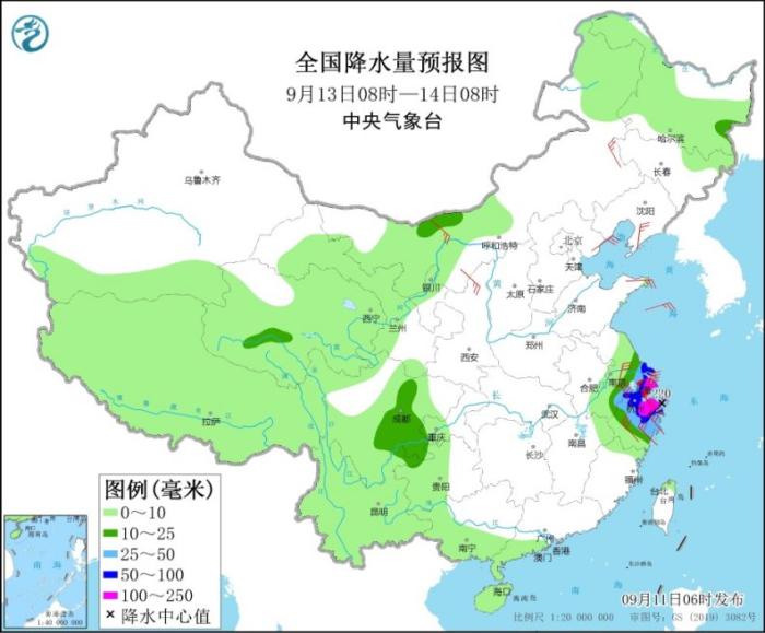 全国降水量预报图(9月13日8时-14日8时)