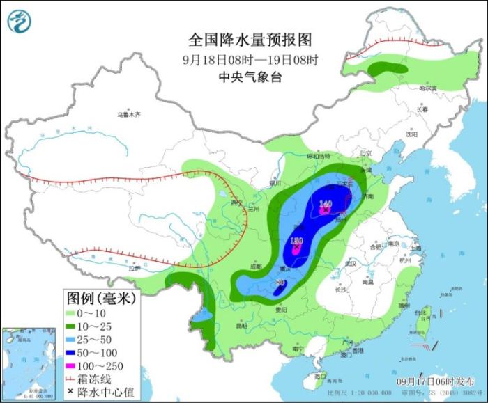 全国降水量预报图(9月18日8时-19日8时)