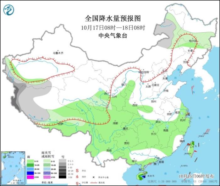 全国降水量预报图(10月17日08时-18日08时)