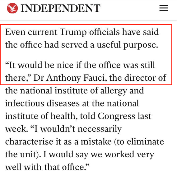 特朗普政府两年前解散全球流行病防御机构 美前高官指责疫情应对因此滞后